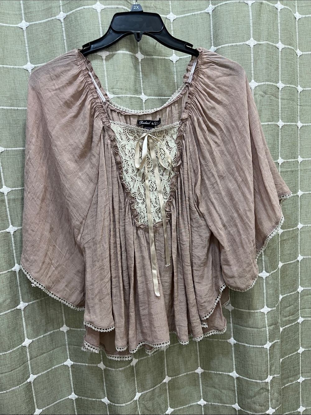Rachael & Chloe Taupe Lace-Front Peasant Blouse